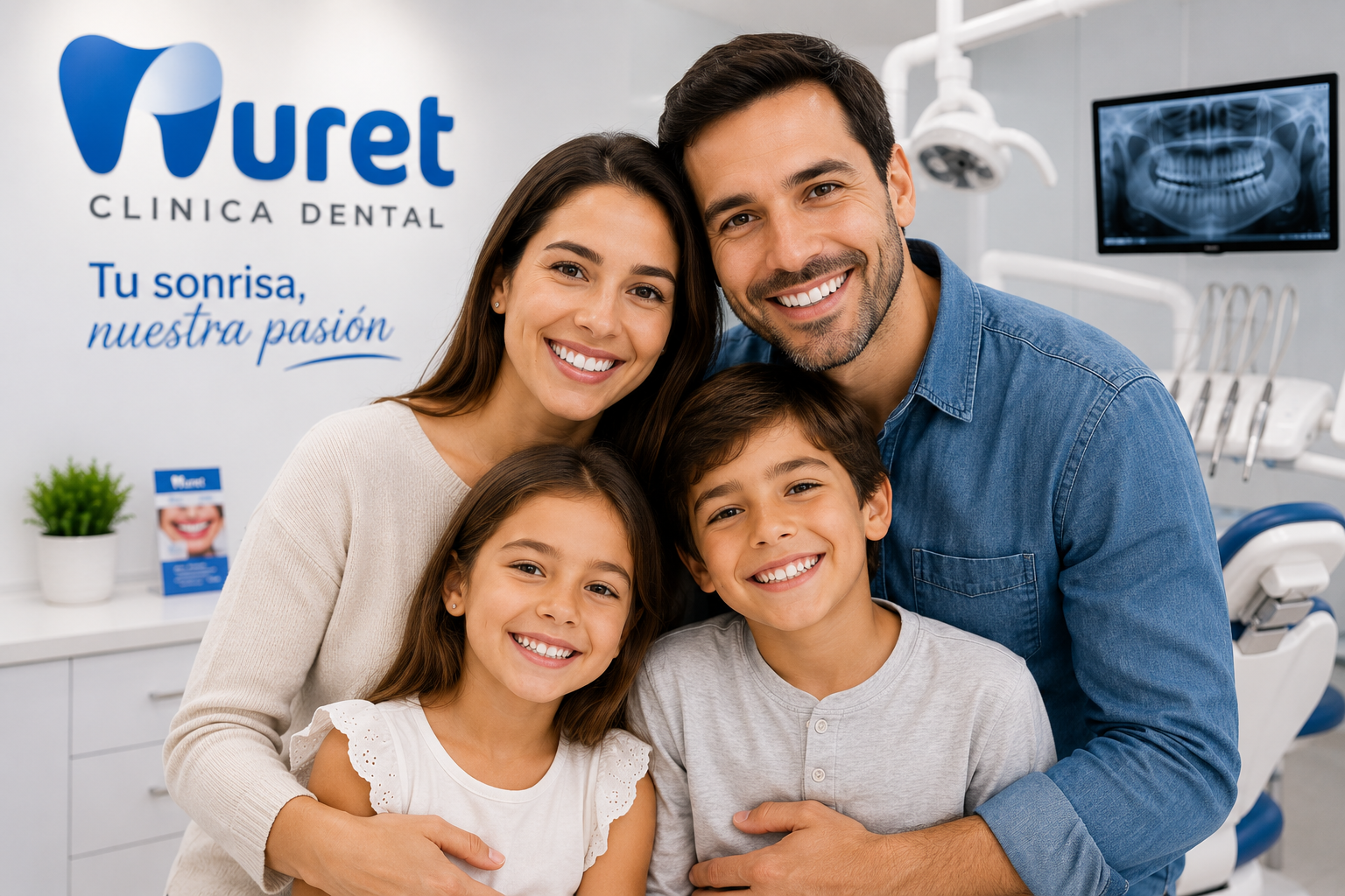 Familia sonriendo después de su atención dental